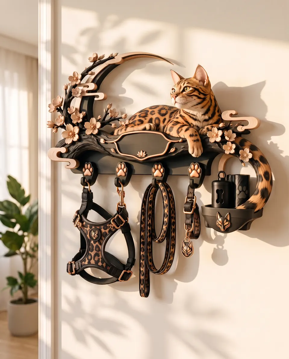 Le Porte-laisse : un support mural noir mat aux accents or rosé, avec sa silhouette sculptée et son prénom.