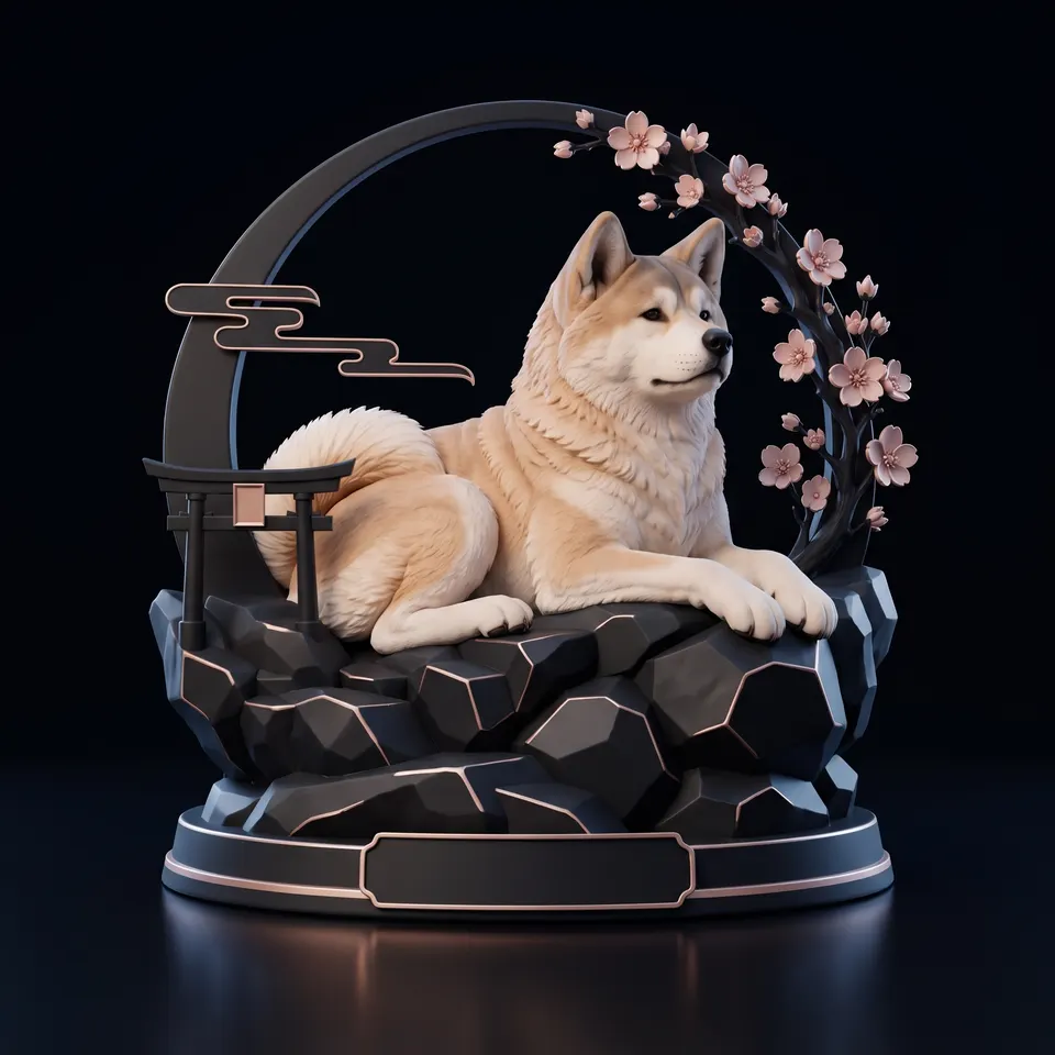 La Présence : la statue souvenir d’un akita, sans urne, sous son arche fleurie.