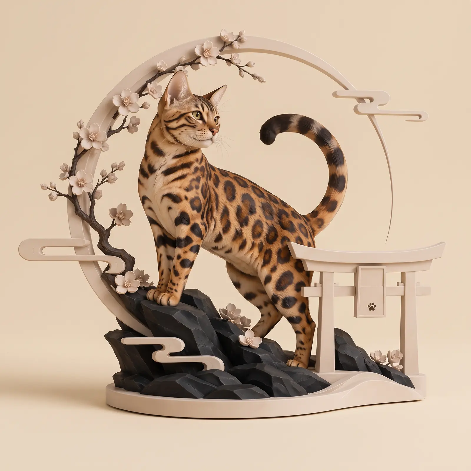 La Gardienne : figurine d’un chat Bengal assis devant une arche-lune, une branche de sakura et un torii.