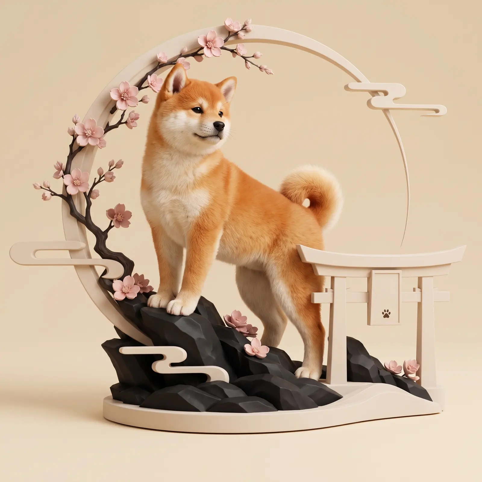 La Gardienne d’un shiba, peinte à la main, sous son arche-lune fleurie.