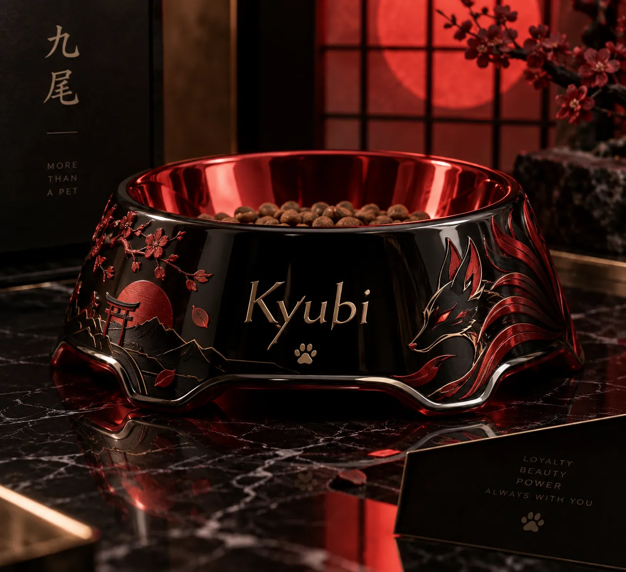 La Gamelle : un socle noir laqué décoré de sakura et d’un torii, un bol en inox, le prénom gravé.