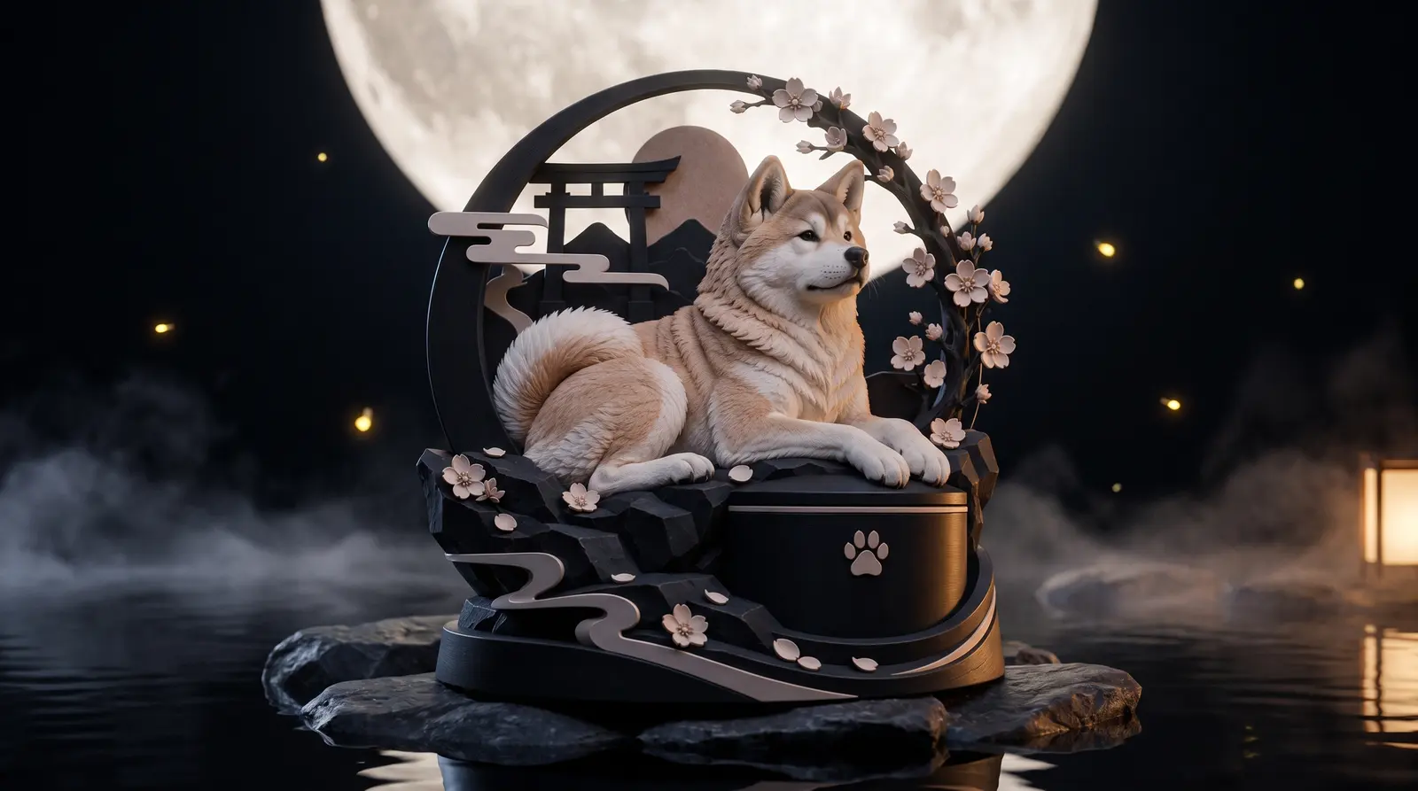L’Urne Veilleuse d’un akita, sous la lune, au bord de l’eau.