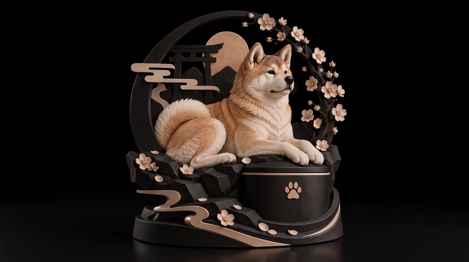 L’Urne Veilleuse : un chien sculpté allongé veille sur un compartiment scellé, devant une lune.