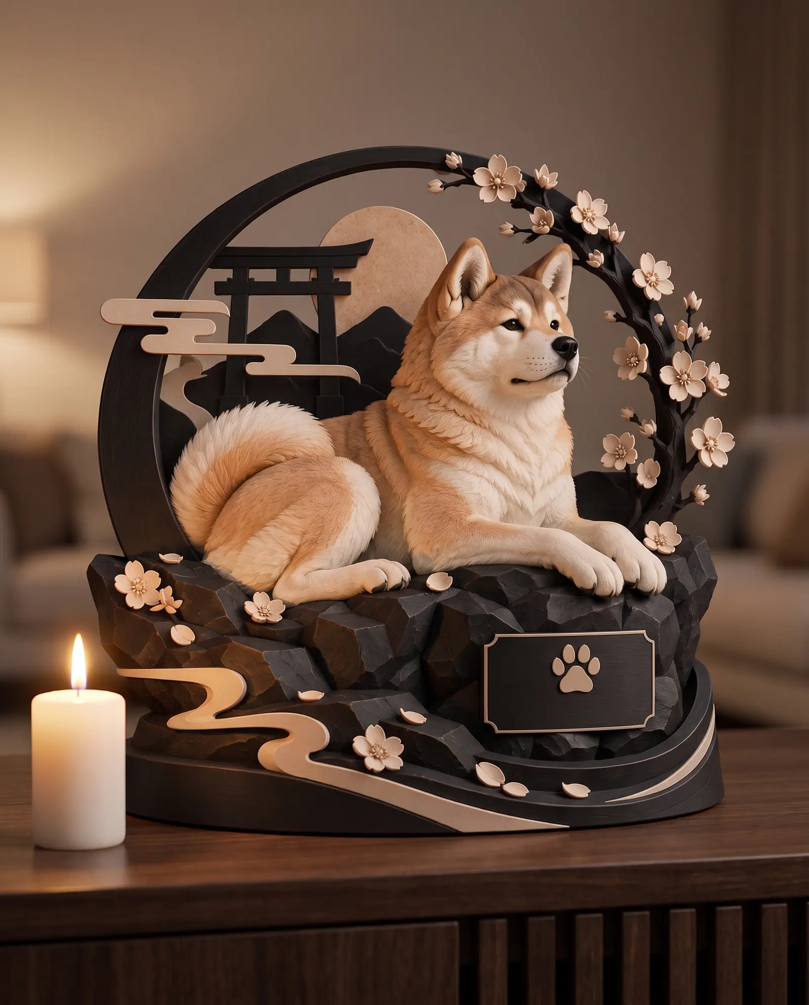 La Présence : la statue souvenir d’un chien couché, sur un socle sombre.